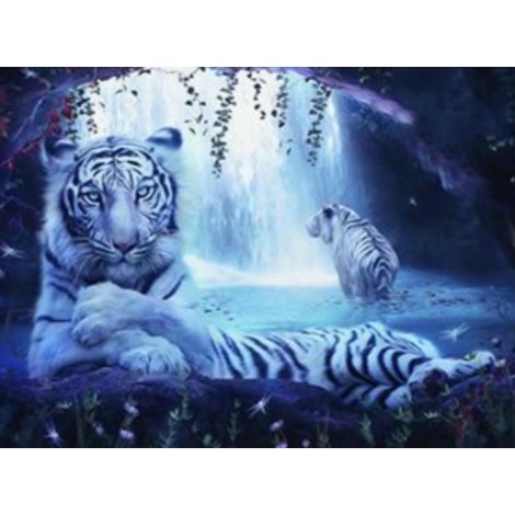 White tiger in front of the waterfall