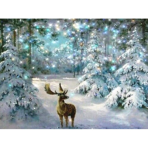 Deer walking next to Christmas trees
