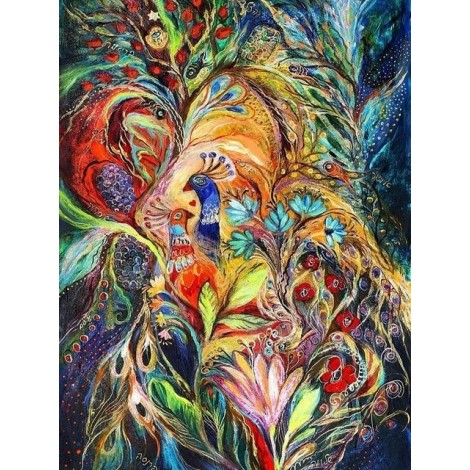 Abstract blue and red peacocks