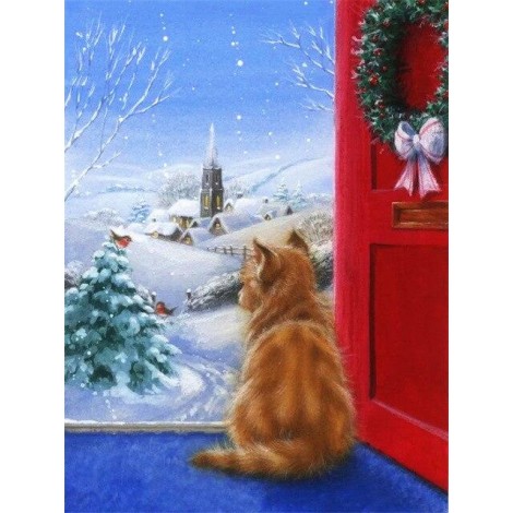 Kitty washing the snow fall