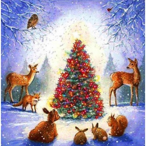 Animals by the christmas tree