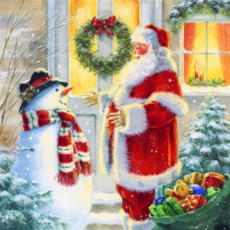 Santa Claus making a snowman