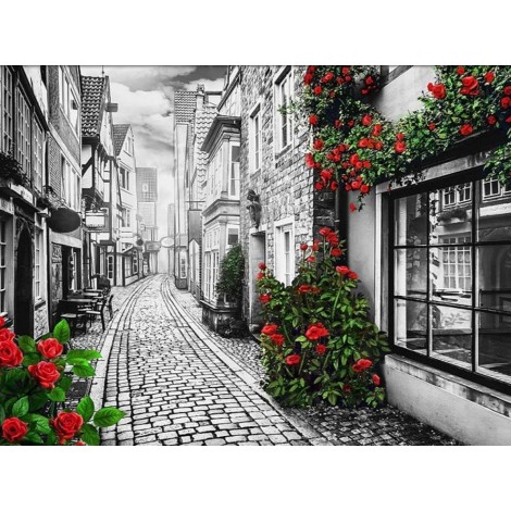Black and white city with red roses