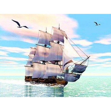 Boat on the ocean and birds in the sky