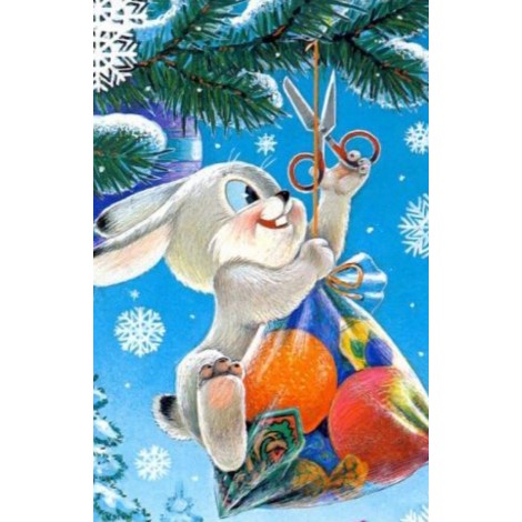 Happy rabbit opening a present