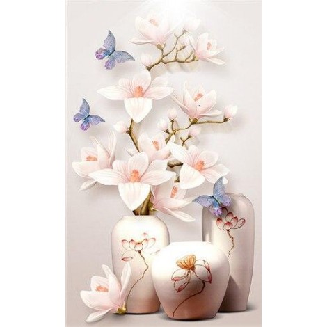 White flower pots and blue butterflies