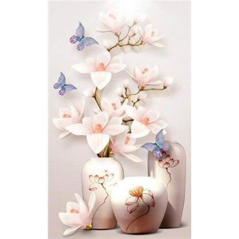 White flower pots and blue butterflies